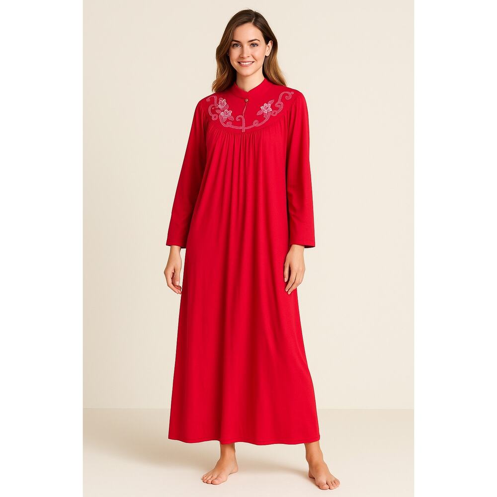 Vintage Shadowline Cuddlemere Raspberry Embroidered Long Nightgown NWT Small‎